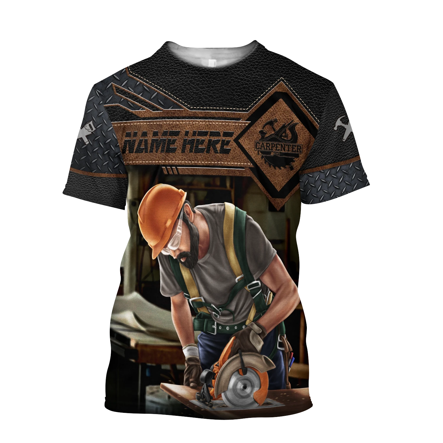 Personalized carpenter t-shirt featuring dark leather tools all-over print