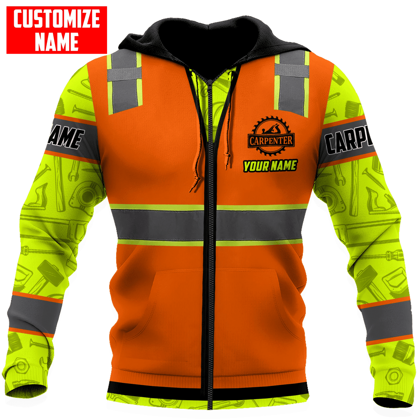 Personalized carpenter zip hoodie featuring orange zip vest print and yellow sleeves all-over print