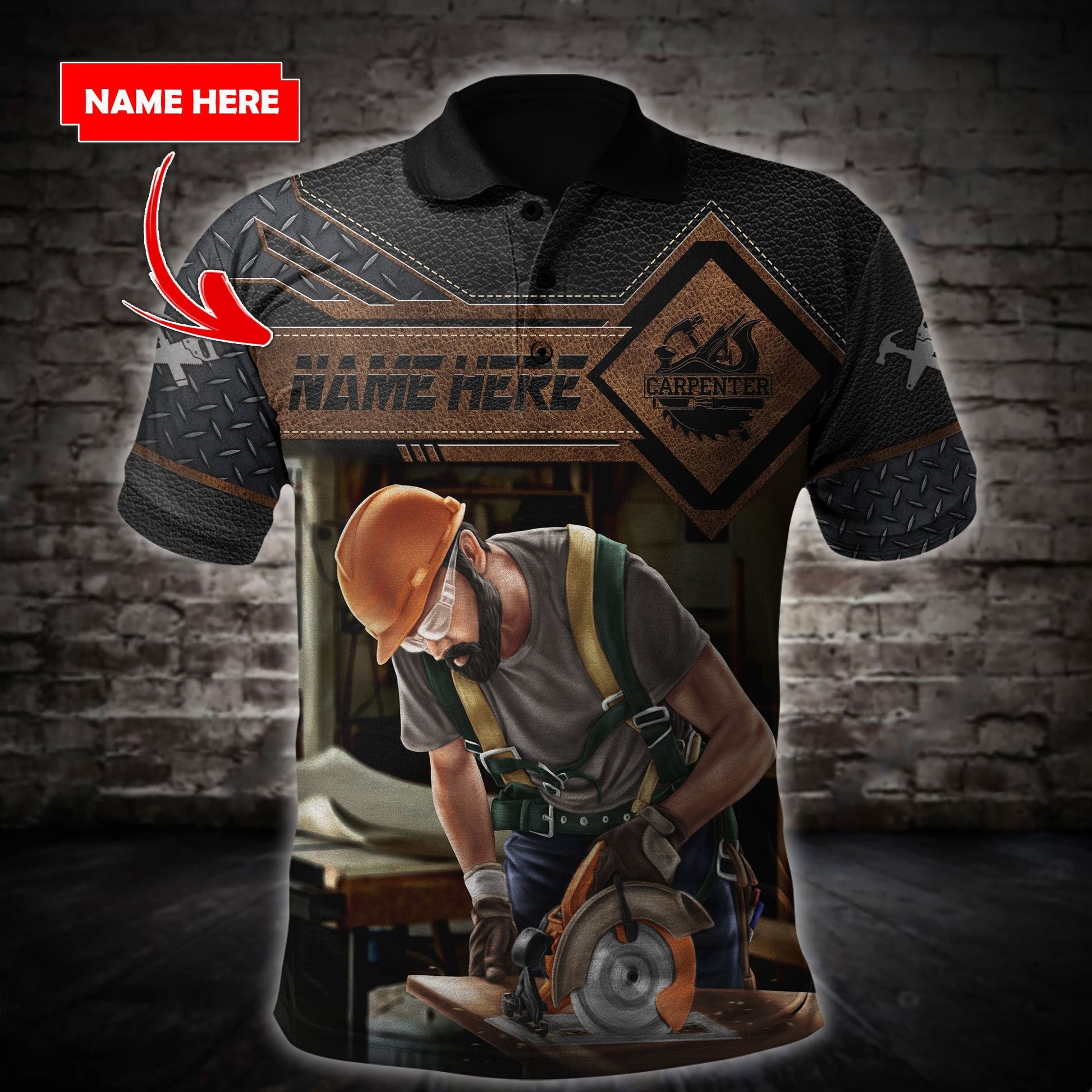 Personalized carpenter apparel featuring dark leather tools all-over print