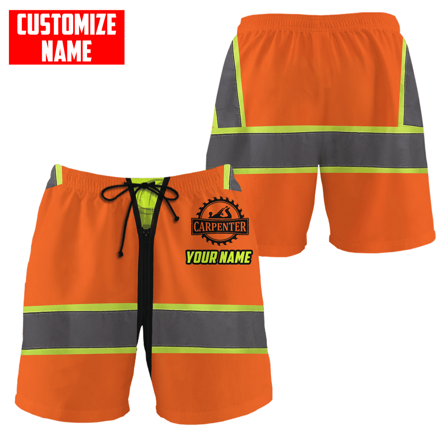 Personalized carpenter shorts featuring orange zip vest print and yellow sleeves all-over print