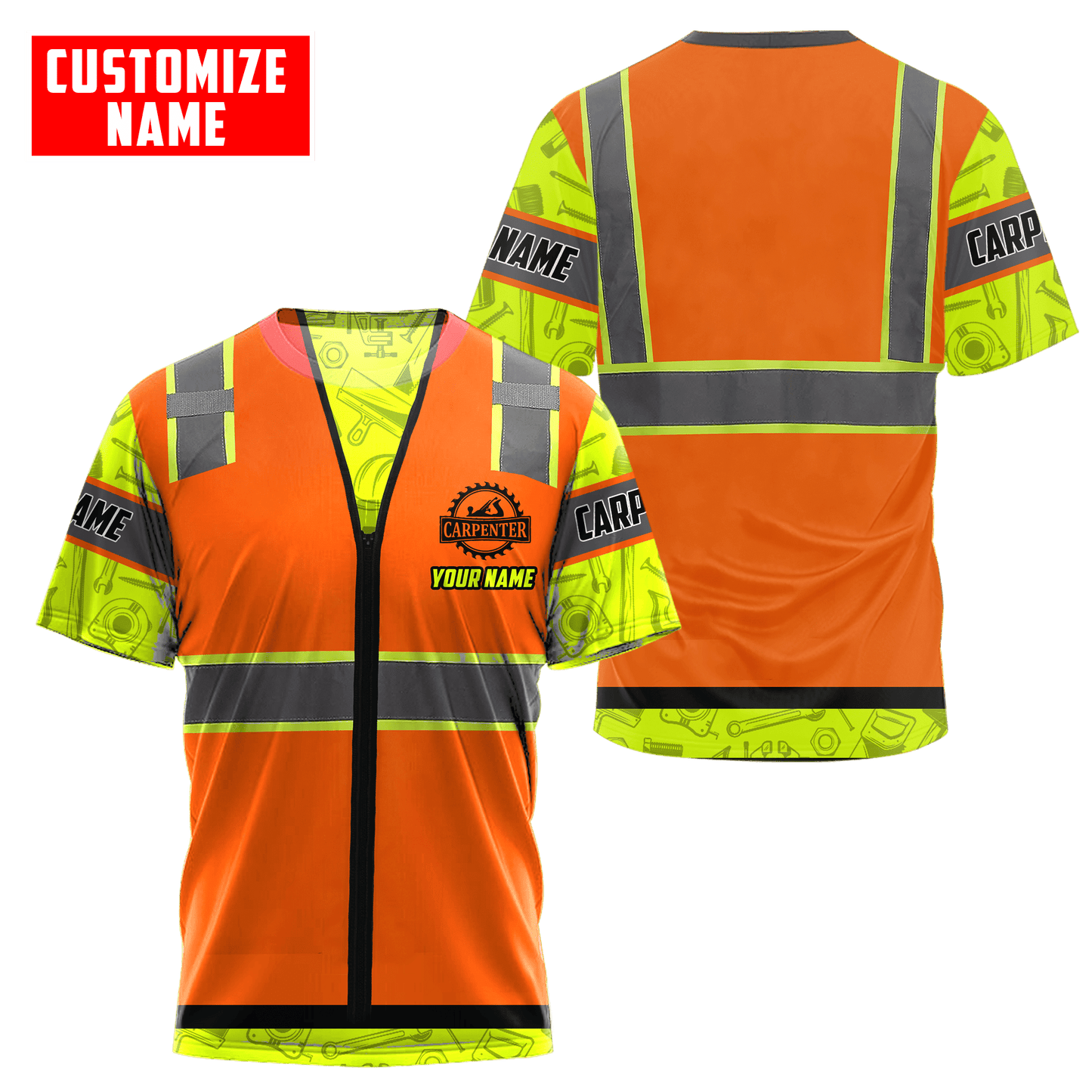 Personalized carpenter t-shirt featuring orange zip vest print and yellow sleeves all-over print