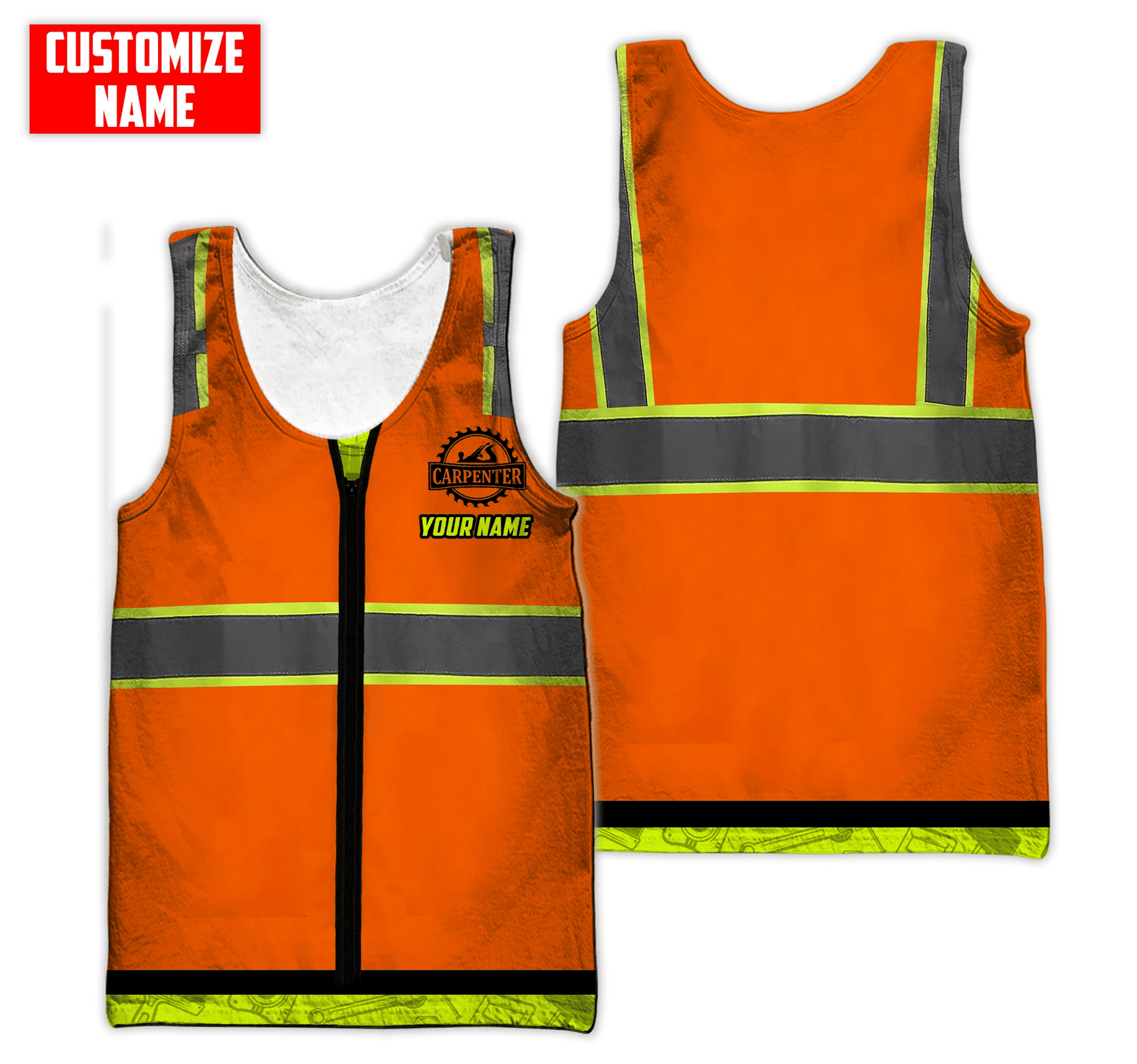 Personalized carpenter tank top featuring orange zip vest print and yellow sleeves all-over print