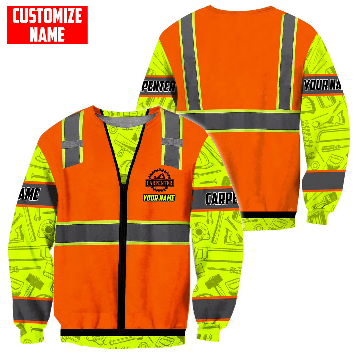 Personalized carpenter sweatshirt featuring orange zip vest print and yellow sleeves all-over print
