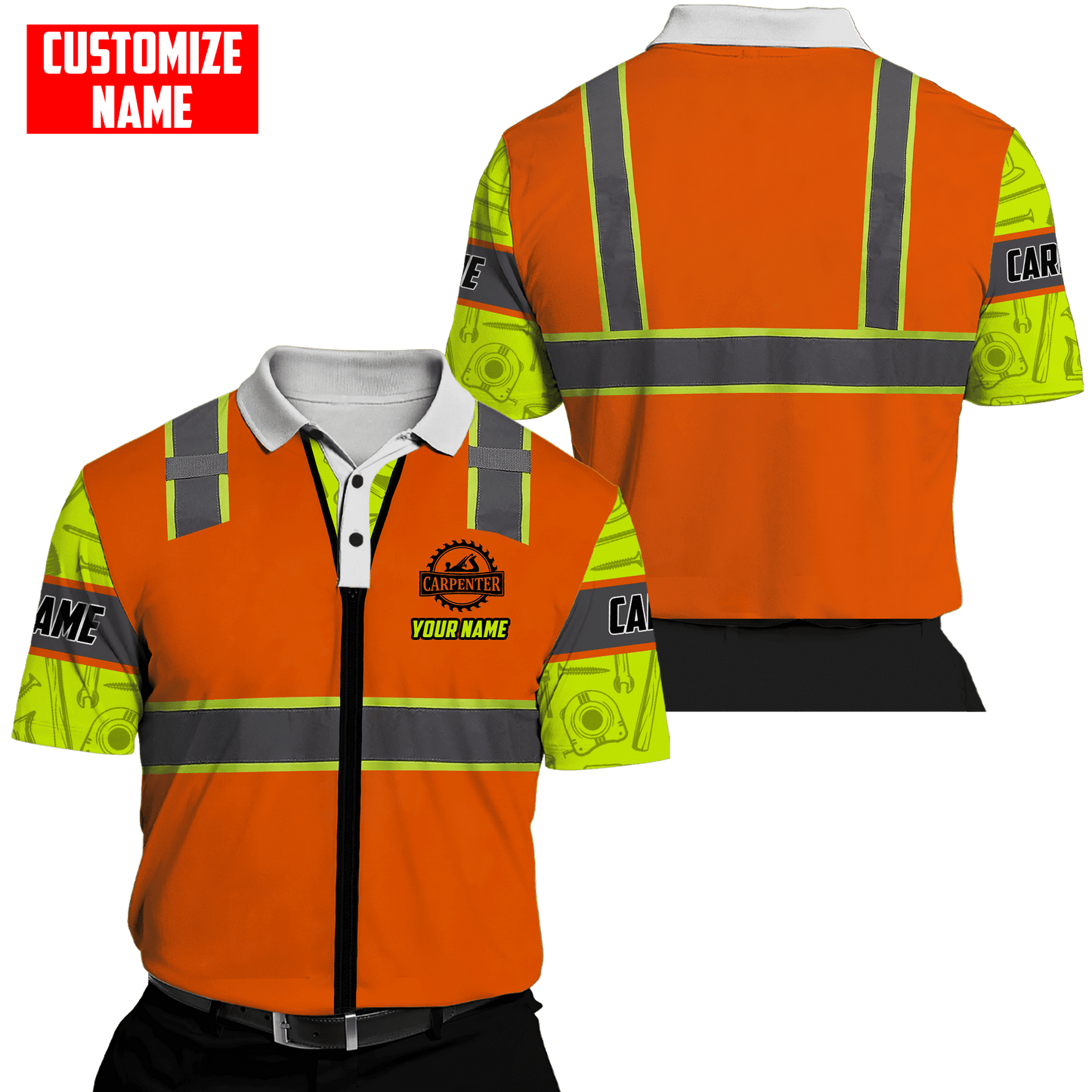 Personalized carpenter polo featuring orange zip vest print and yellow sleeves all-over print