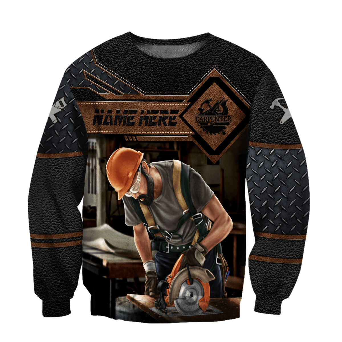 Personalized carpenter sweatshirt featuring dark leather tools all-over print