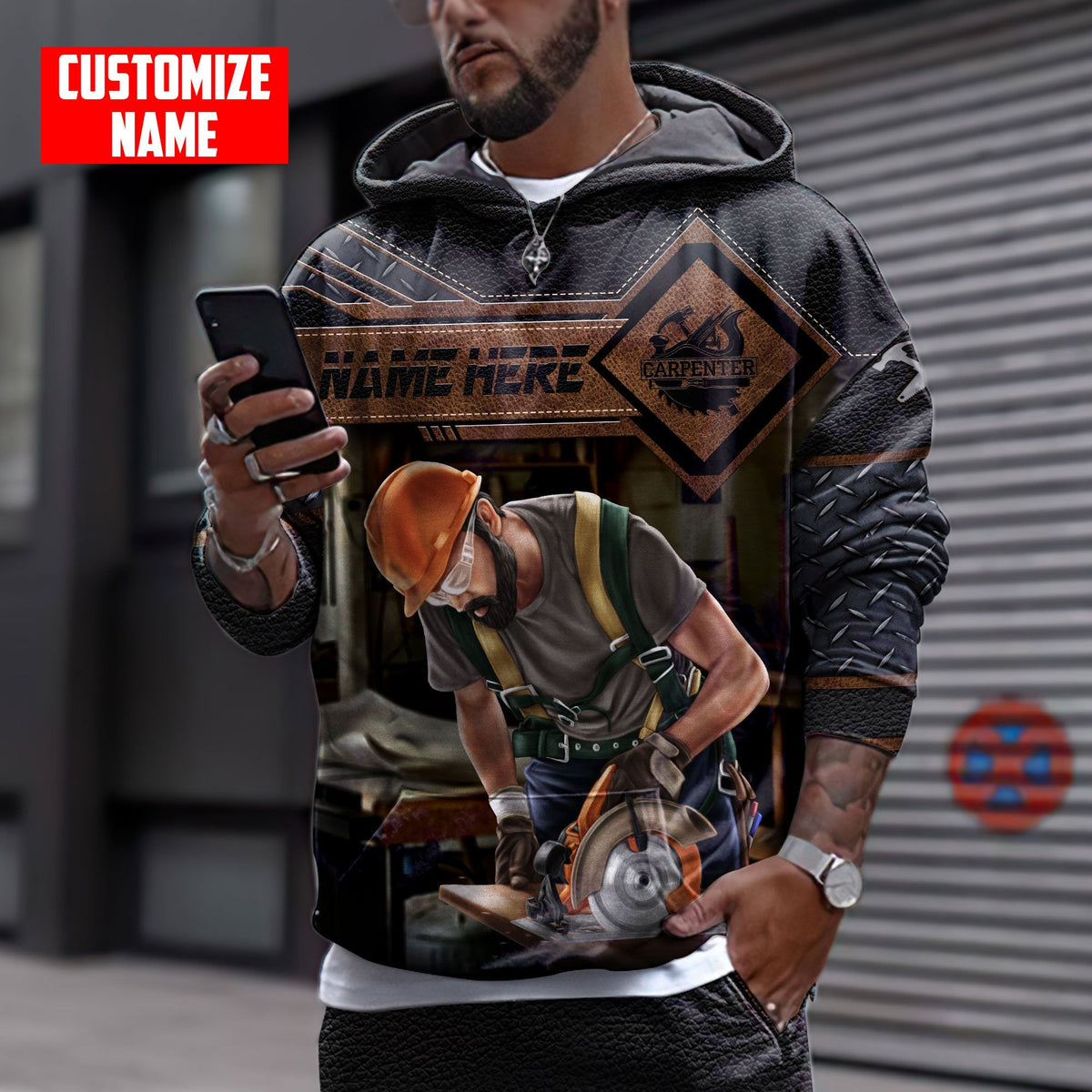Personalized carpenter apparel featuring dark leather tools all-over print
