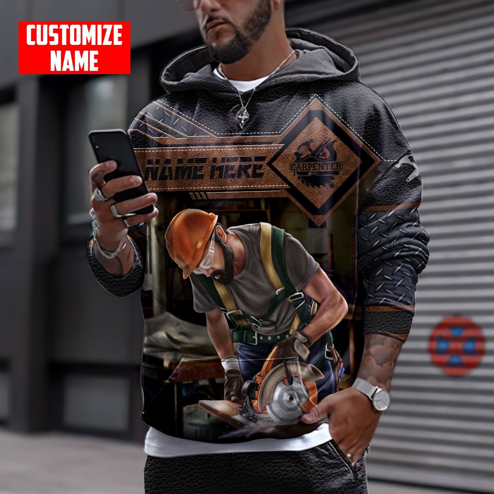 Personalized carpenter apparel featuring dark leather tools all-over print