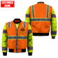 Personalized carpenter bomber jacket featuring orange zip vest print and yellow sleeves all-over print