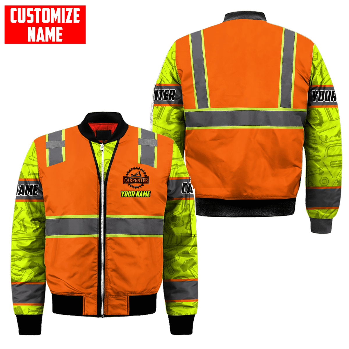 Personalized carpenter bomber jacket featuring orange zip vest print and yellow sleeves all-over print