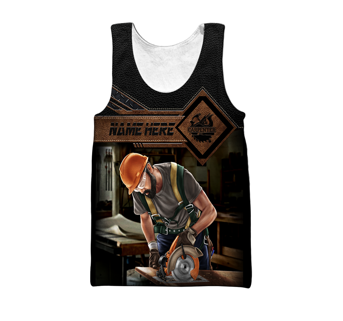 Personalized carpenter tank top featuring dark leather tools all-over print