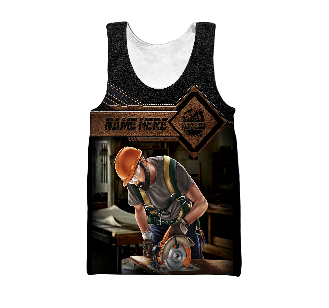 Personalized carpenter tank top featuring dark leather tools all-over print