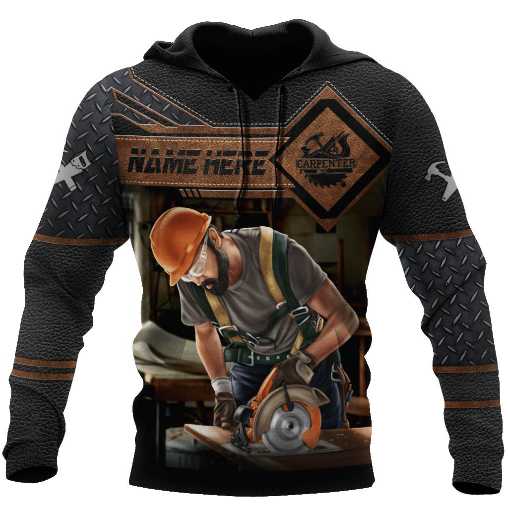 Personalized carpenter hoodie featuring dark leather tools all-over print