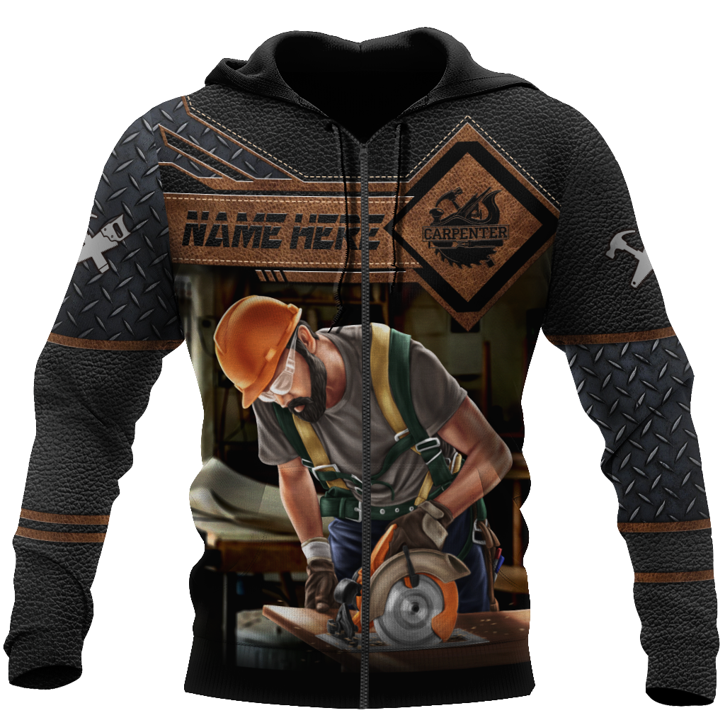 Personalized carpenter zip hoodie featuring dark leather tools all-over print