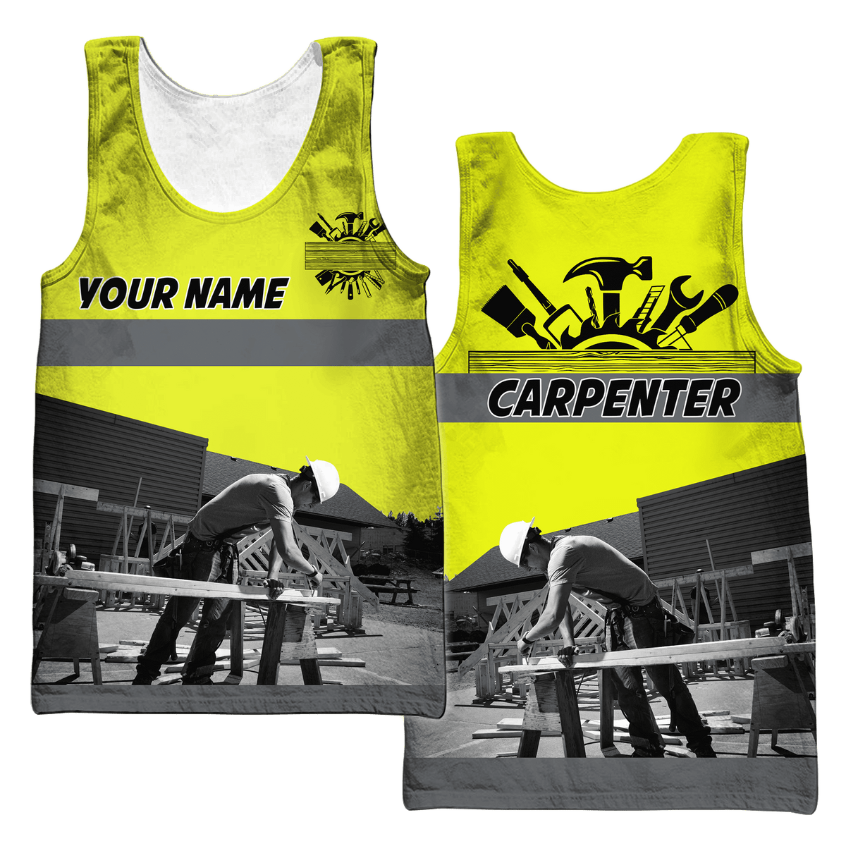 Personalized carpenter tank top featuring neon yellow all-over print