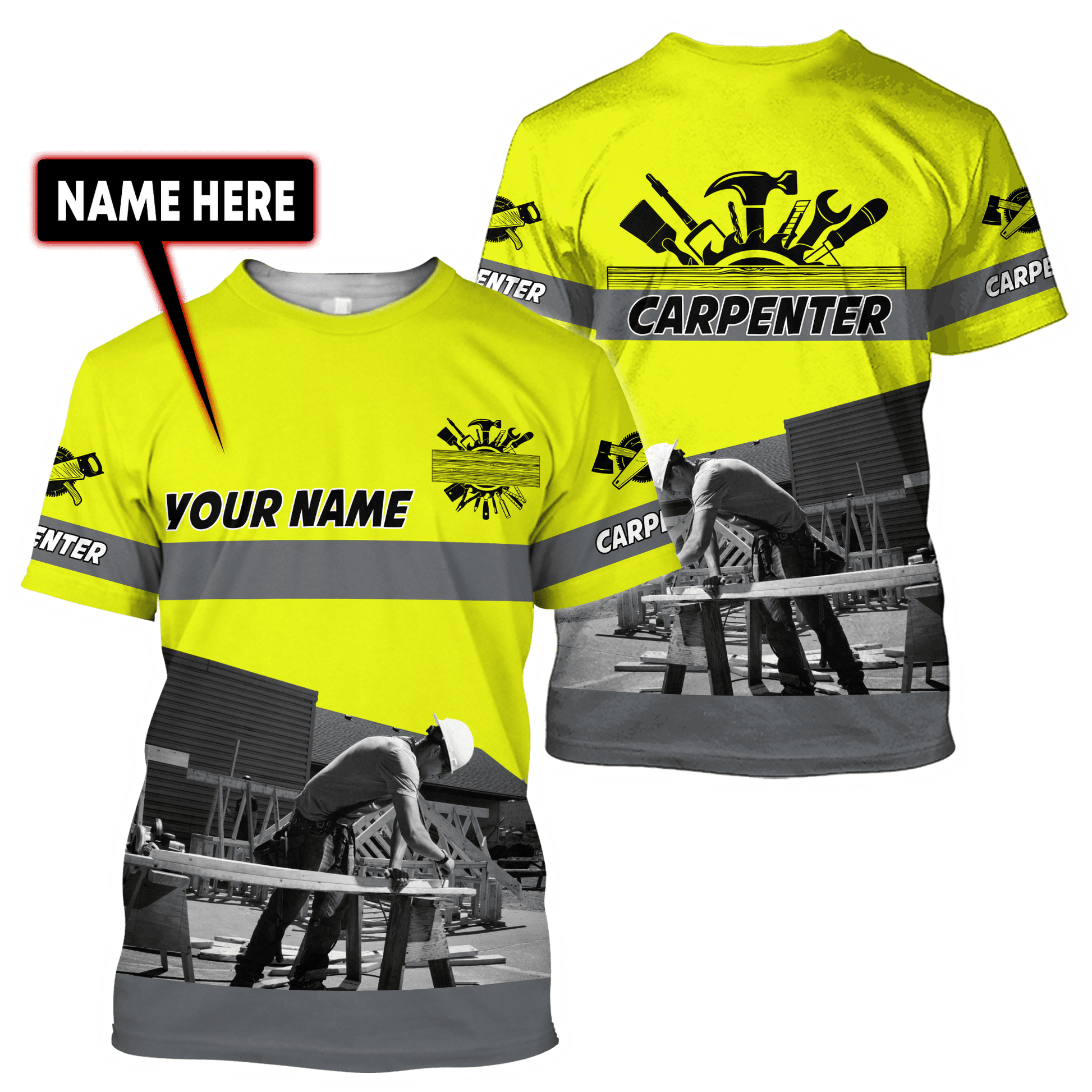 Personalized carpenter t-shirt featuring neon yellow all-over print