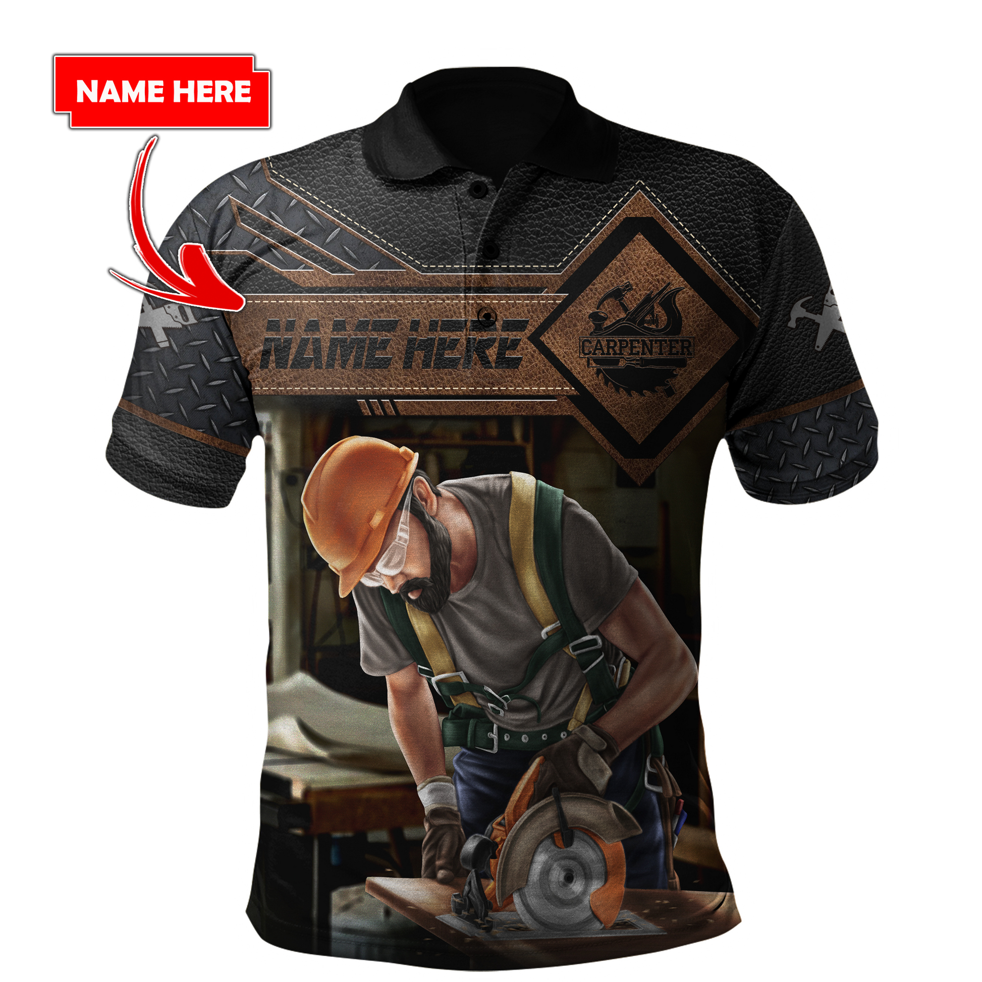 Personalized carpenter polo featuring dark leather tools all-over print