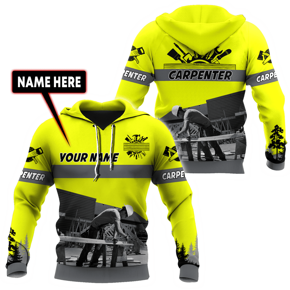 Personalized carpenter apparel featuring neon yellow all-over print