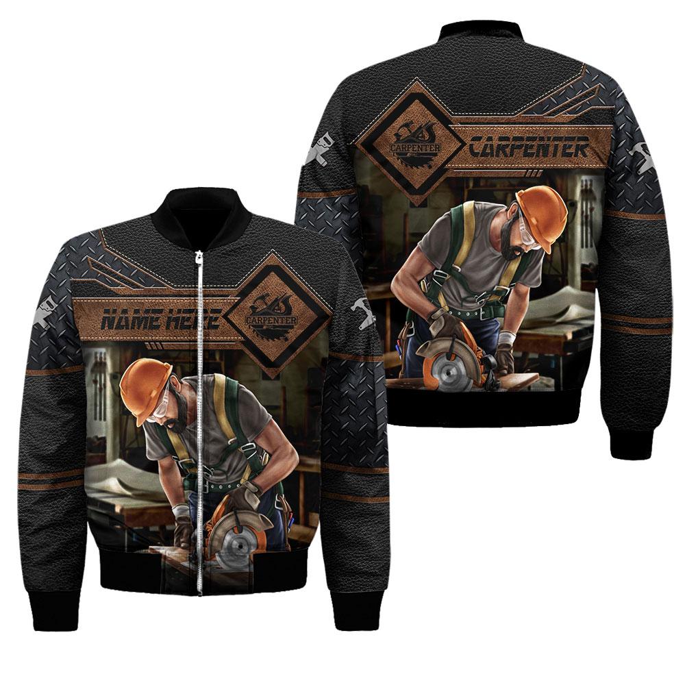 Personalized carpenter bomber jacket featuring dark leather tools all-over print