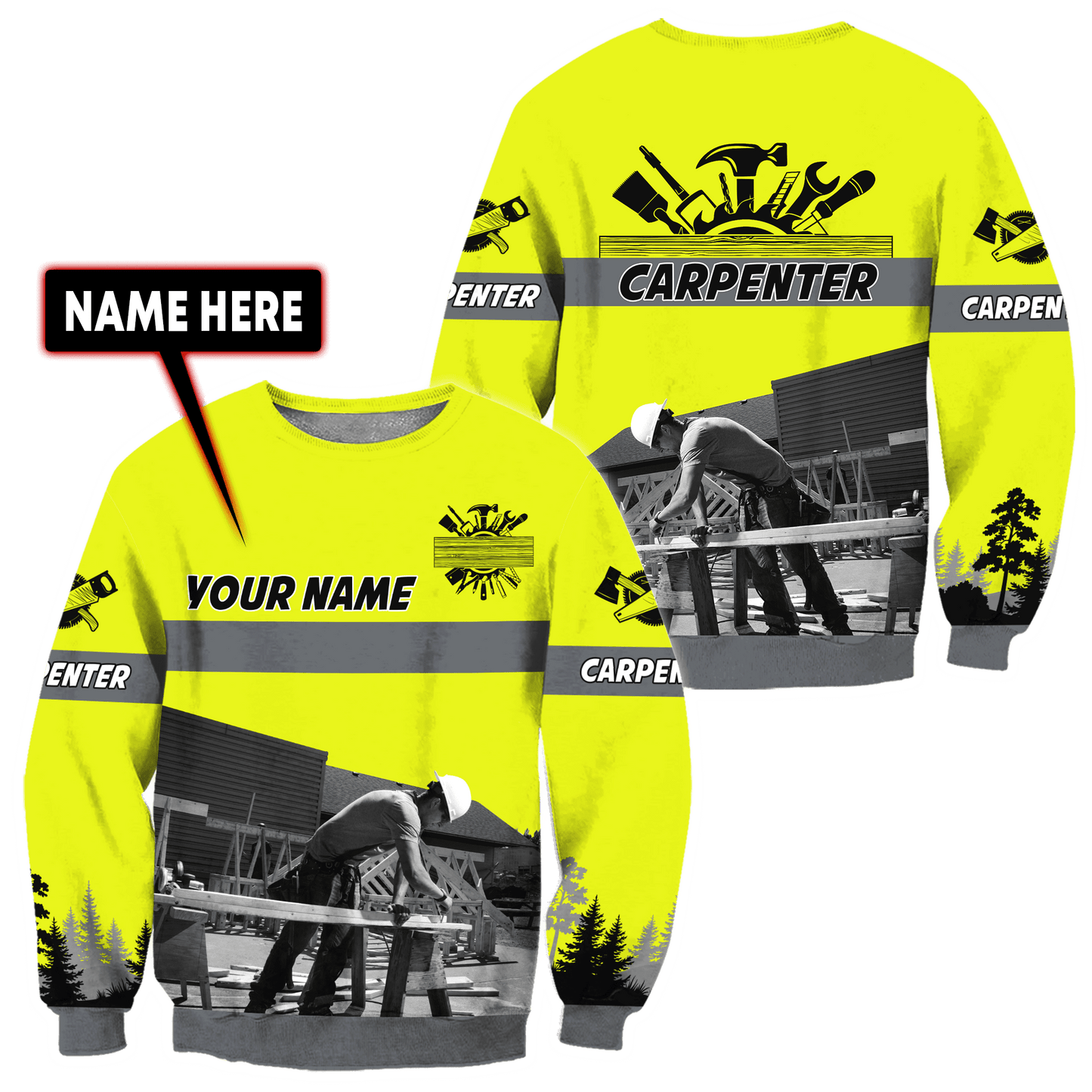 Personalized carpenter sweatshirt featuring neon yellow all-over print