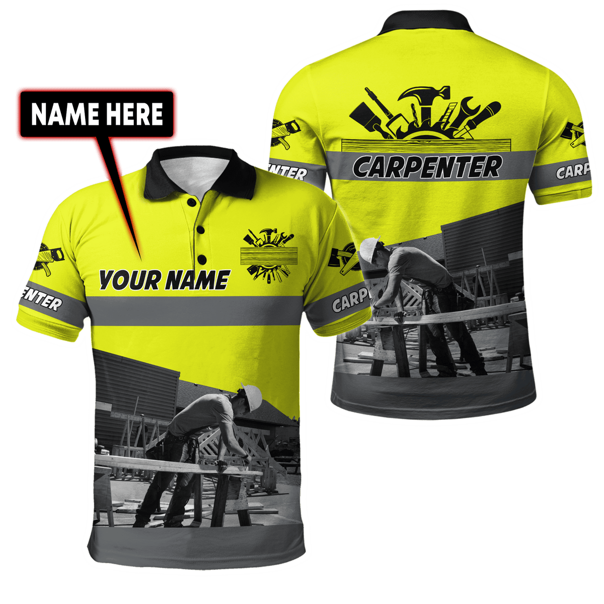 Personalized carpenter polo featuring neon yellow all-over print