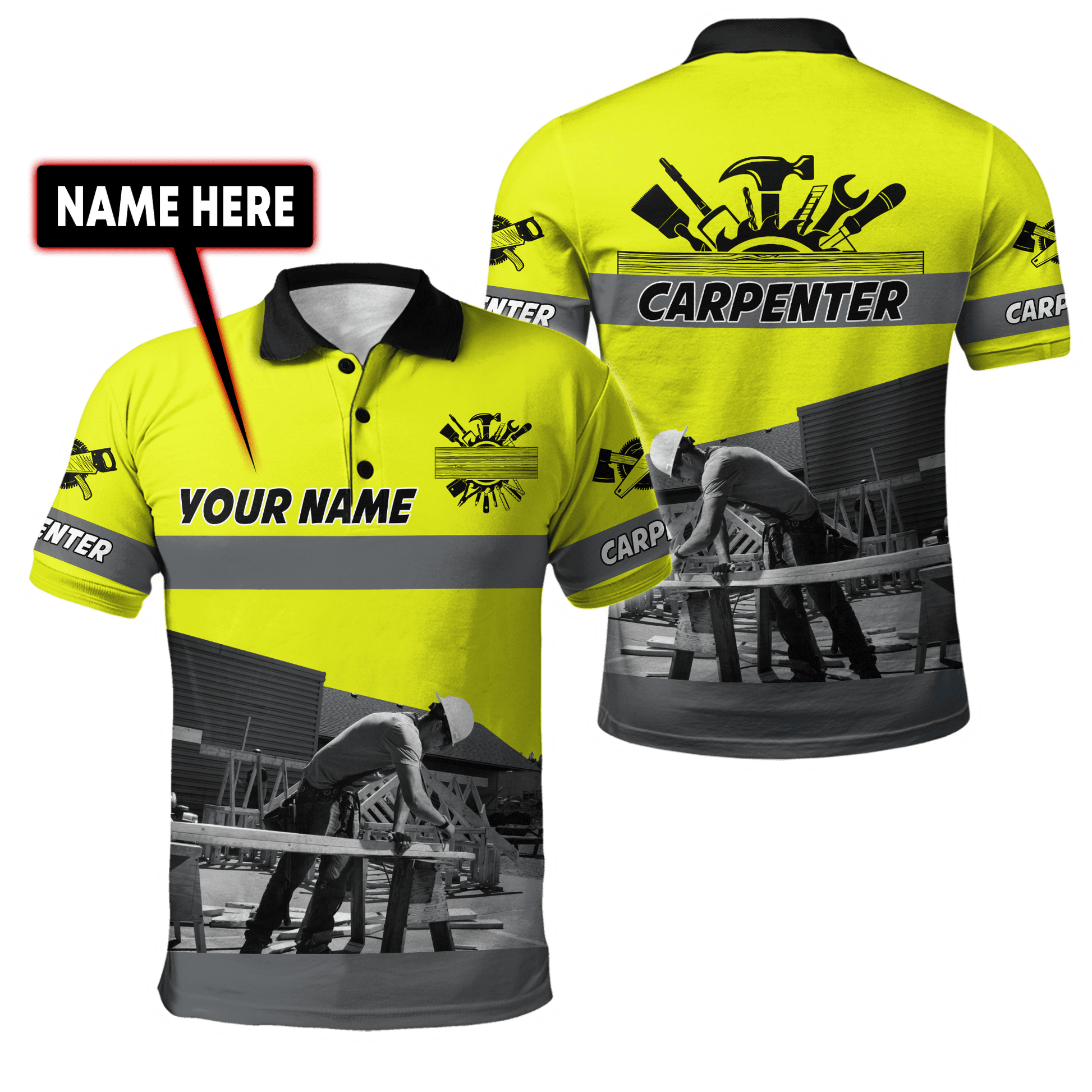 Personalized carpenter polo featuring neon yellow all-over print