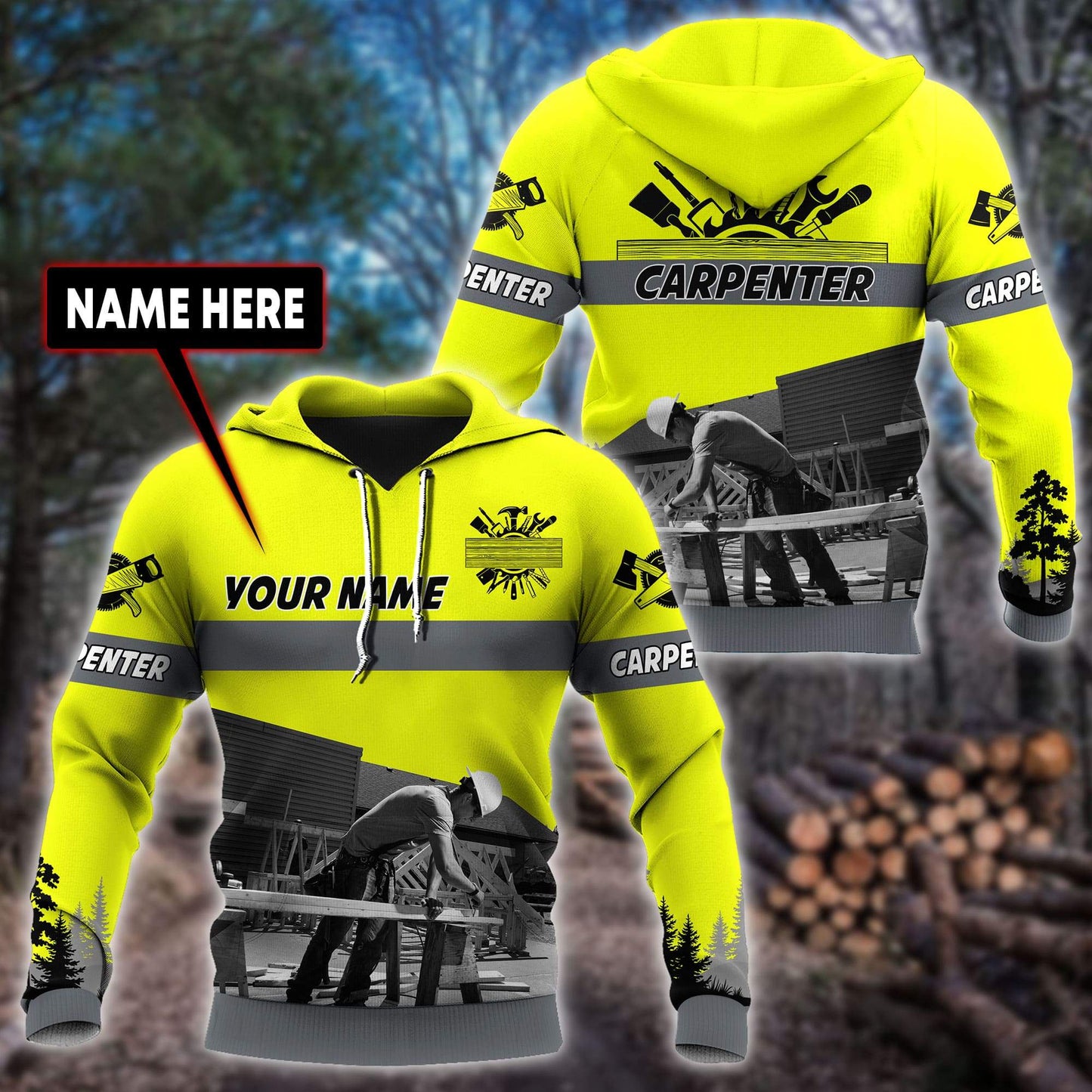 Personalized carpenter apparel featuring neon yellow all-over print