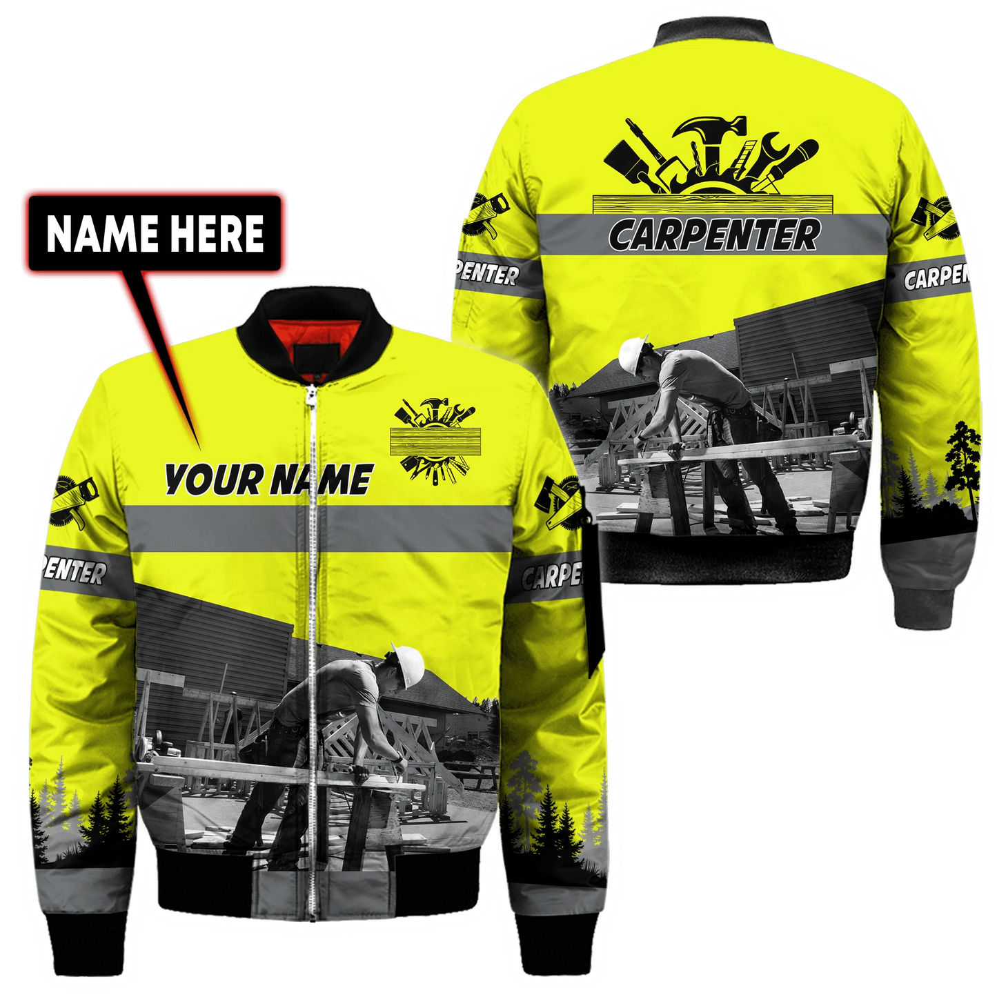 Personalized carpenter bomber jacket featuring neon yellow all-over print