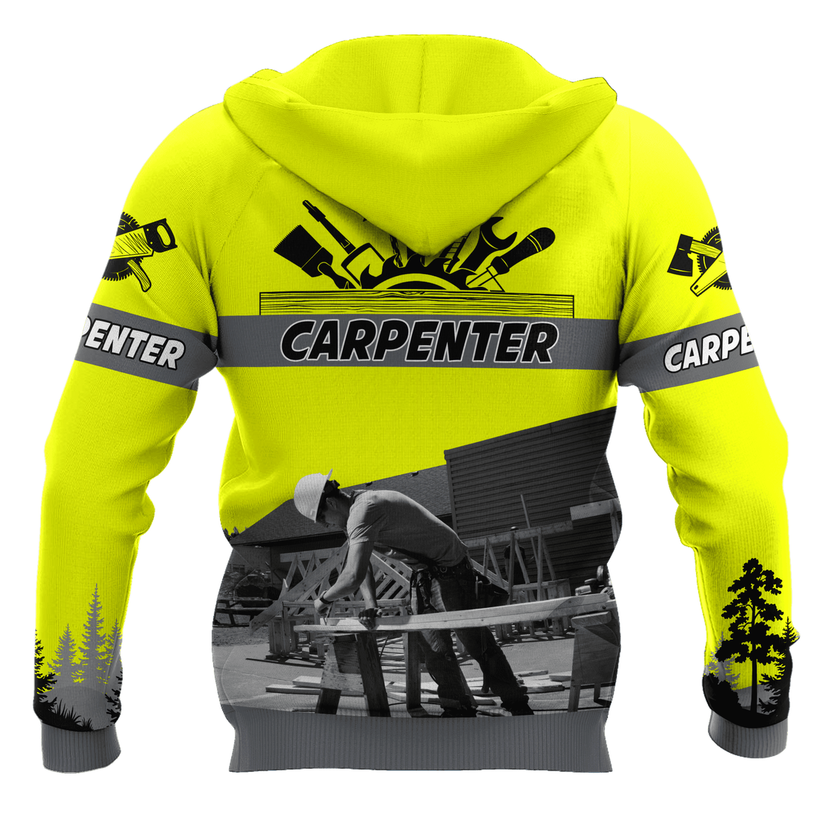 Personalized carpenter apparel featuring neon yellow all-over print