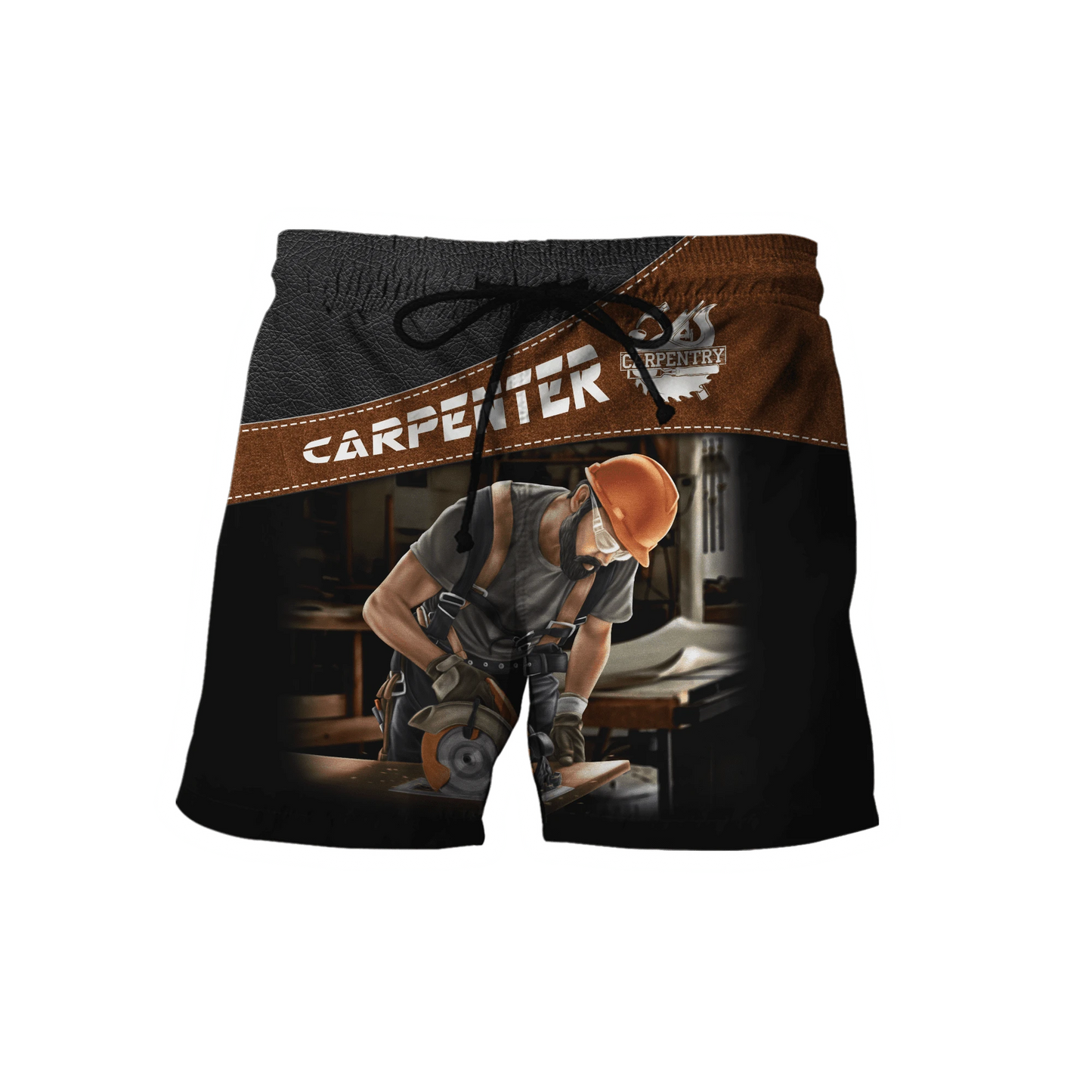 Personalized carpenter shorts featuring brown leather tools all-over print
