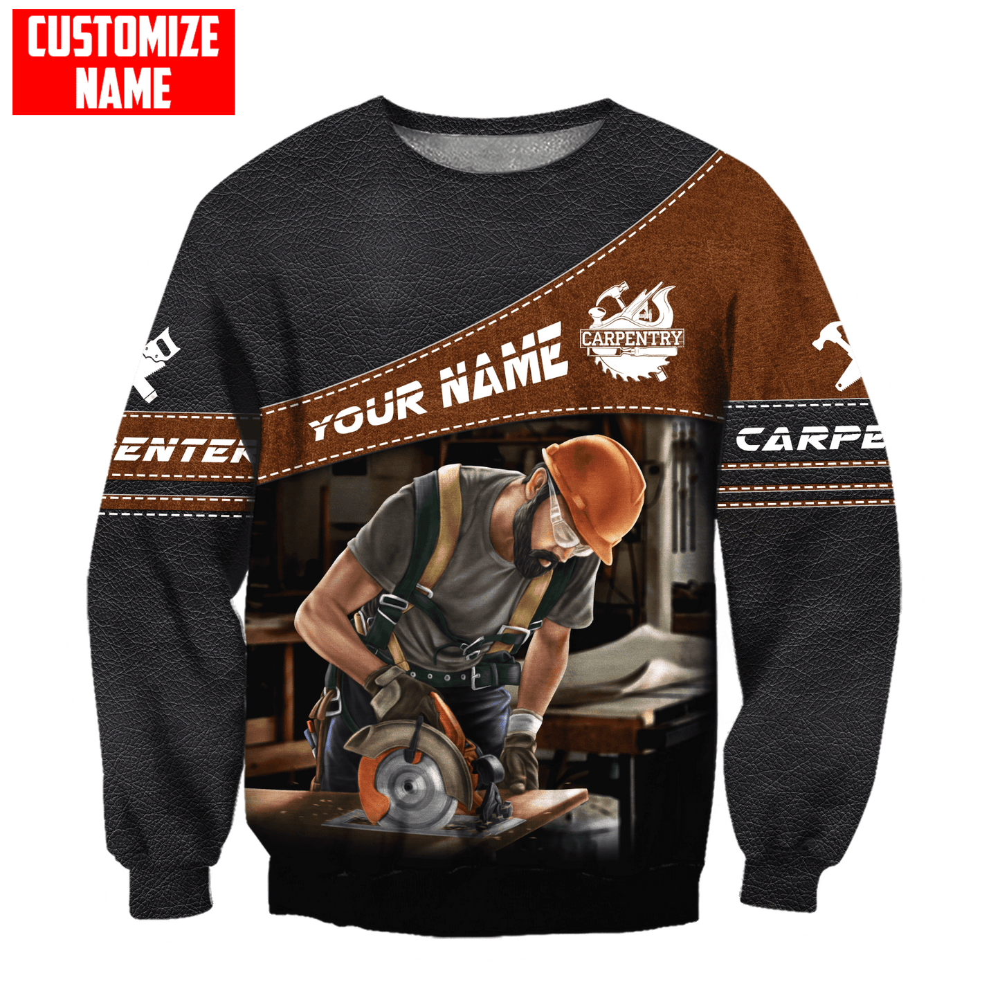 Personalized carpenter sweatshirt featuring brown leather tools all-over print