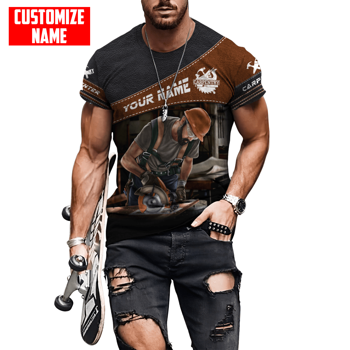 Personalized carpenter apparel featuring brown leather tools all-over print