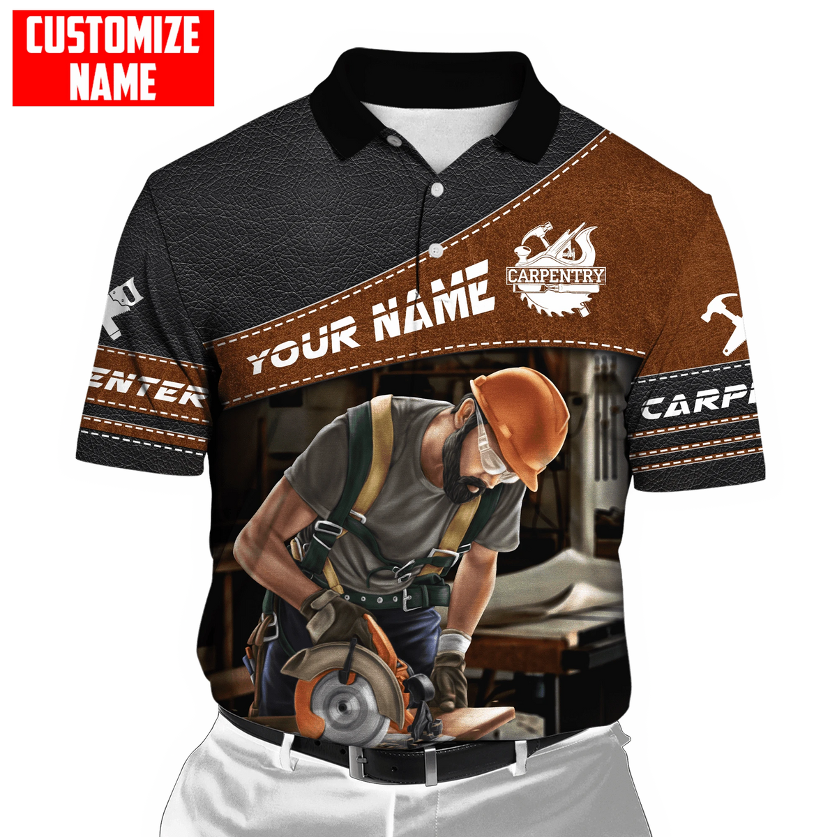 Personalized carpenter polo featuring brown leather tools all-over print