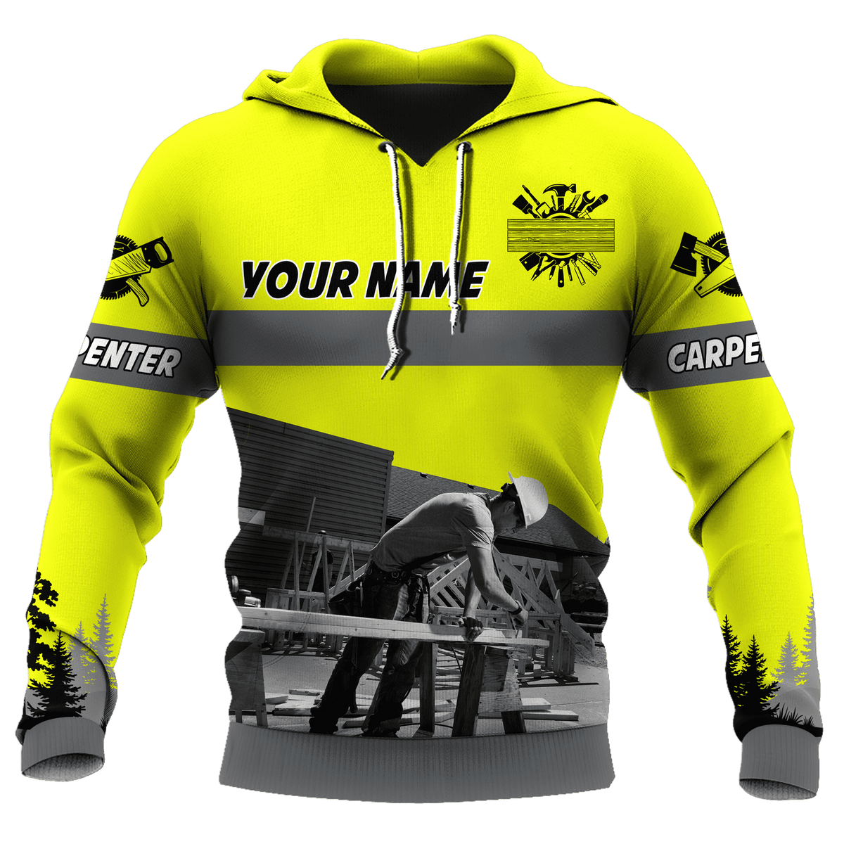 Personalized carpenter hoodie featuring neon yellow all-over print