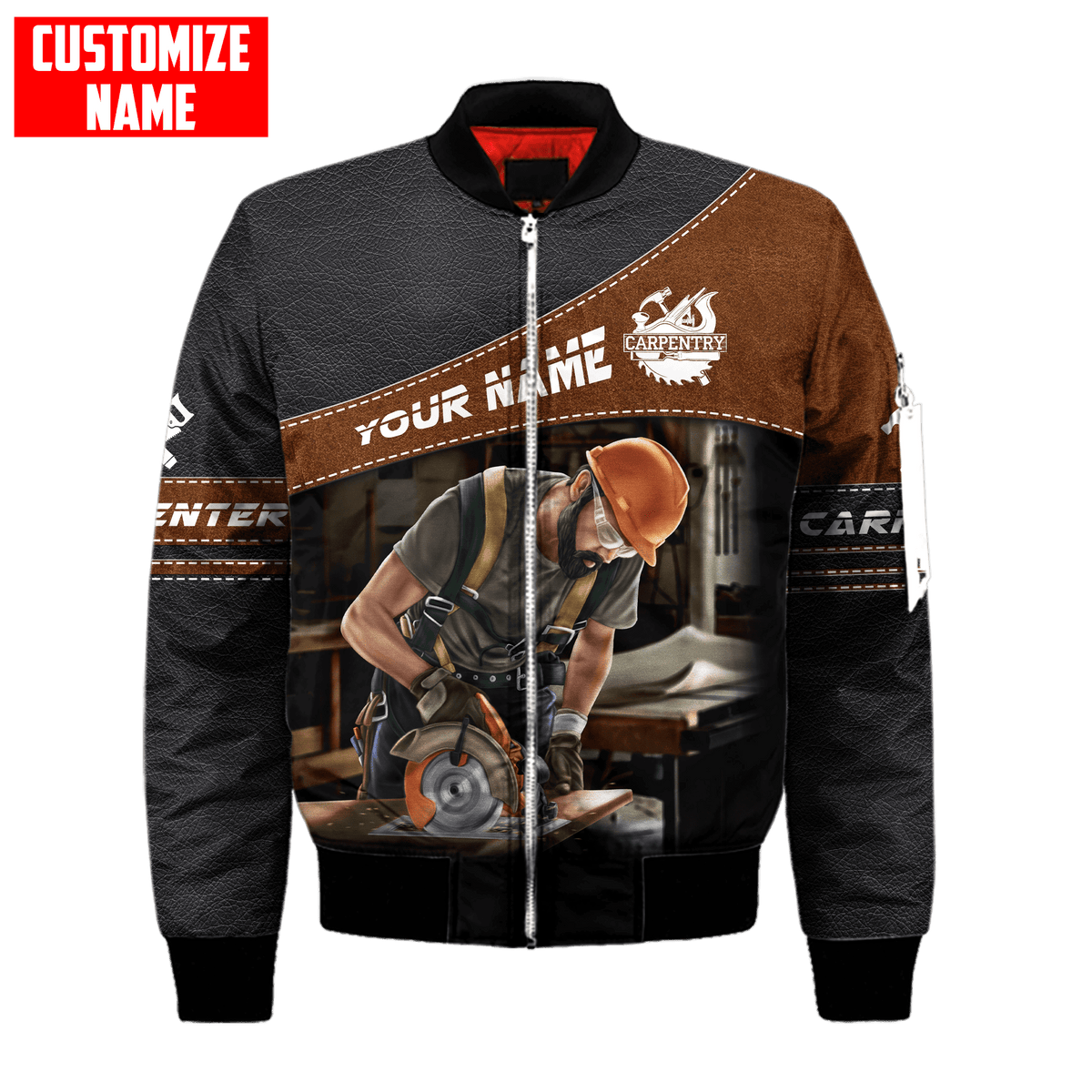 Personalized carpenter bomber jacket featuring brown leather tools all-over print