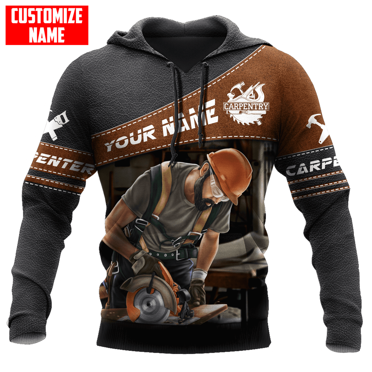 Personalized carpenter hoodie featuring brown leather tools all-over print