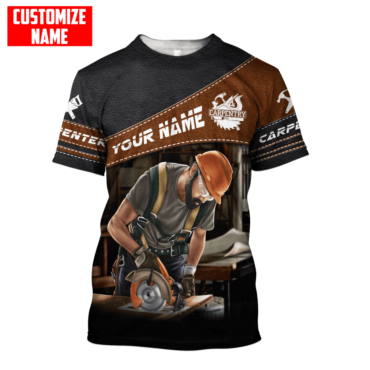 Personalized carpenter t-shirt featuring brown leather tools all-over print