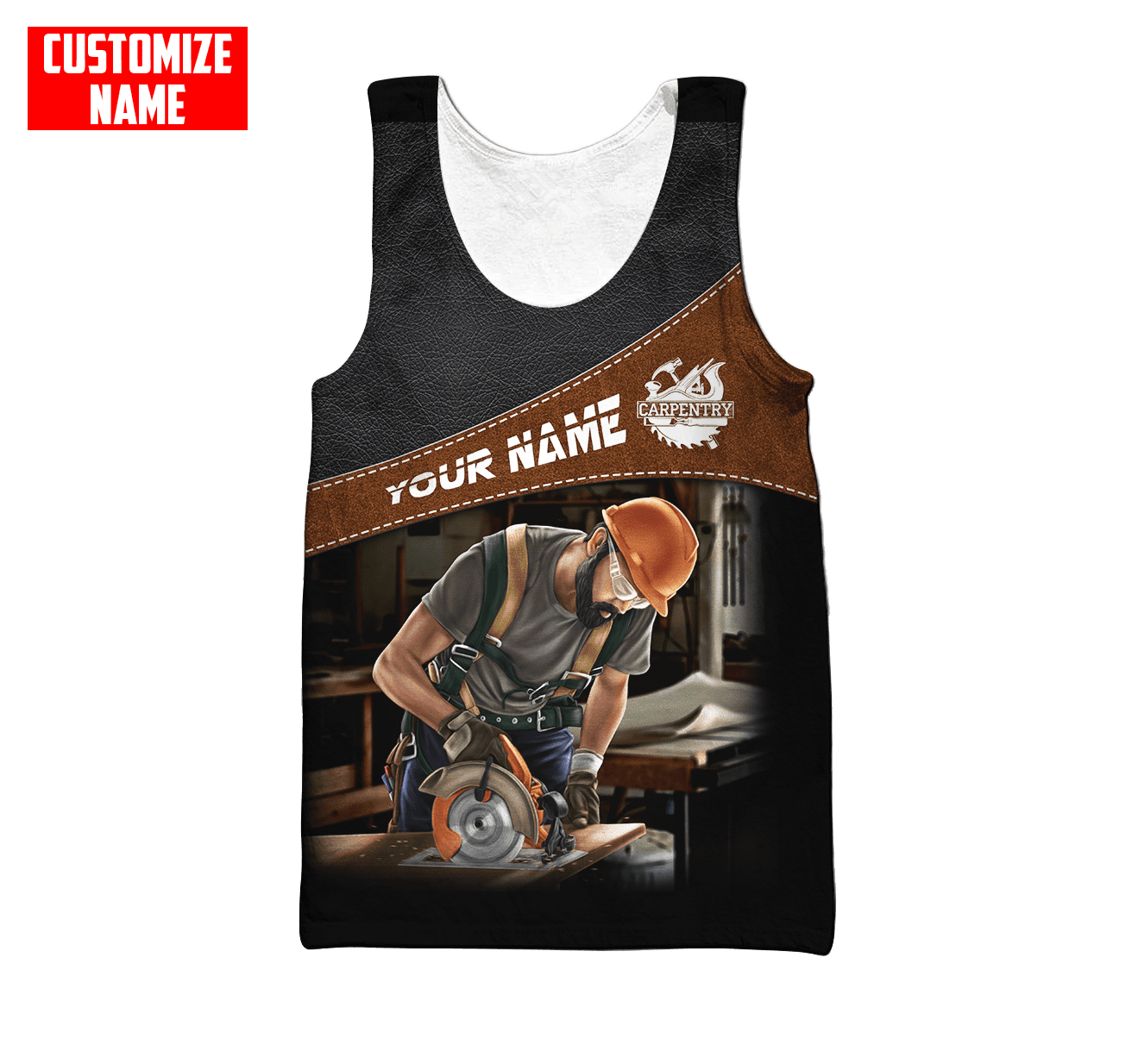 Personalized carpenter tank top featuring brown leather tools all-over print