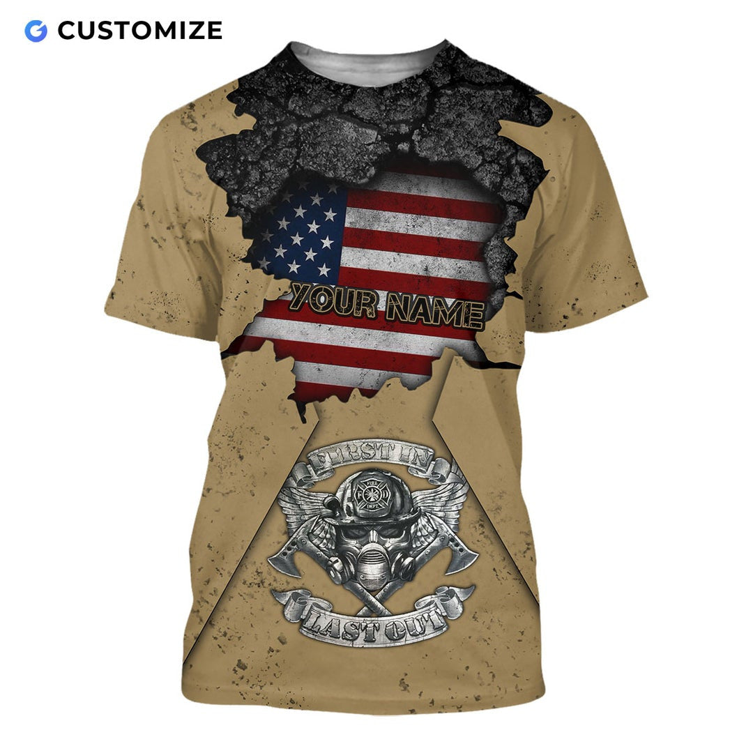 Personalized firefighter t-shirt featuring american flag first in last out all-over print, short-sleeve design