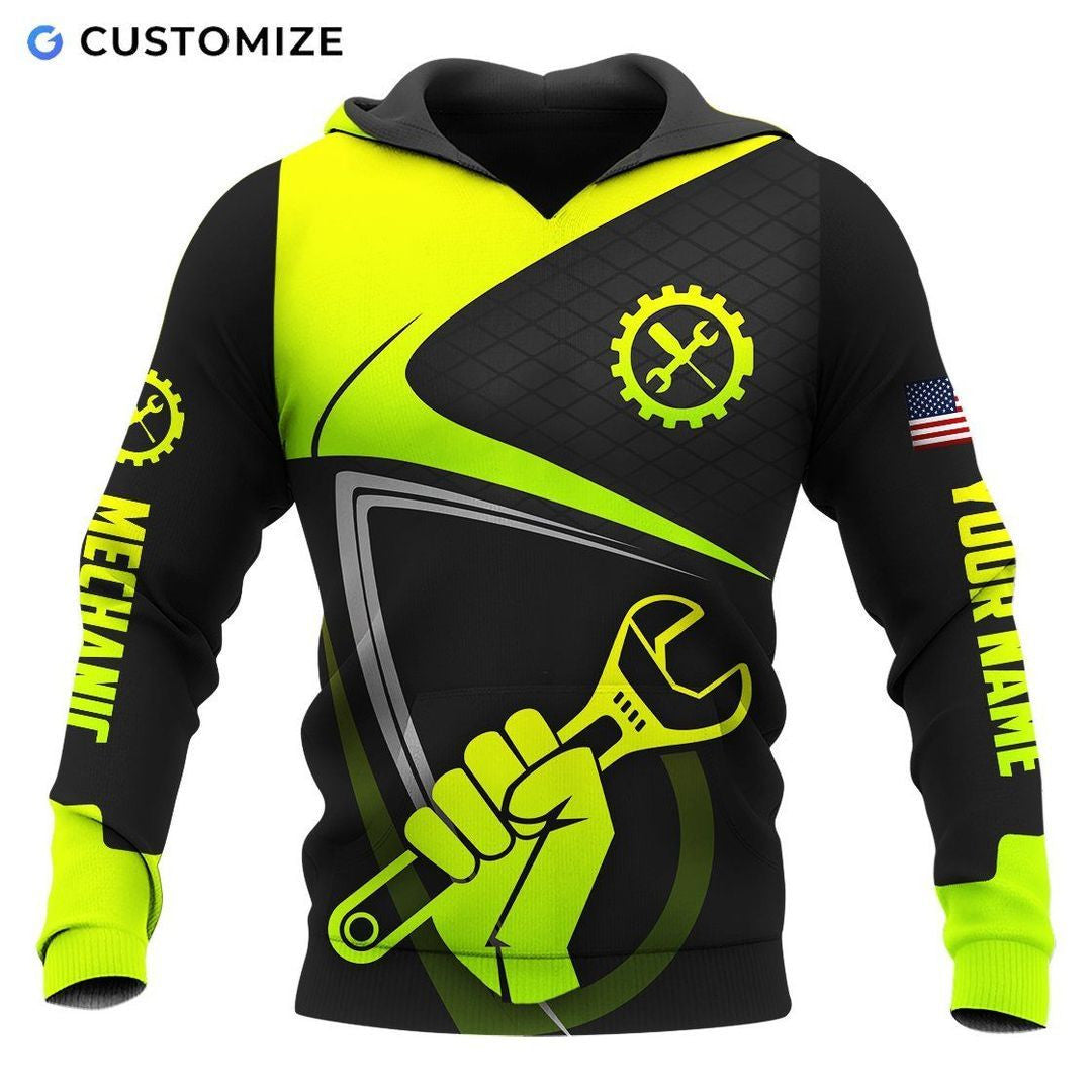 Personalized mechanic hoodie featuring neon yellow black wrench fist all-over print