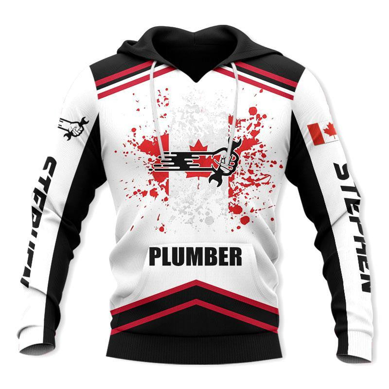 Personalized plumber hoodie featuring white red canadian maple leaf all-over print