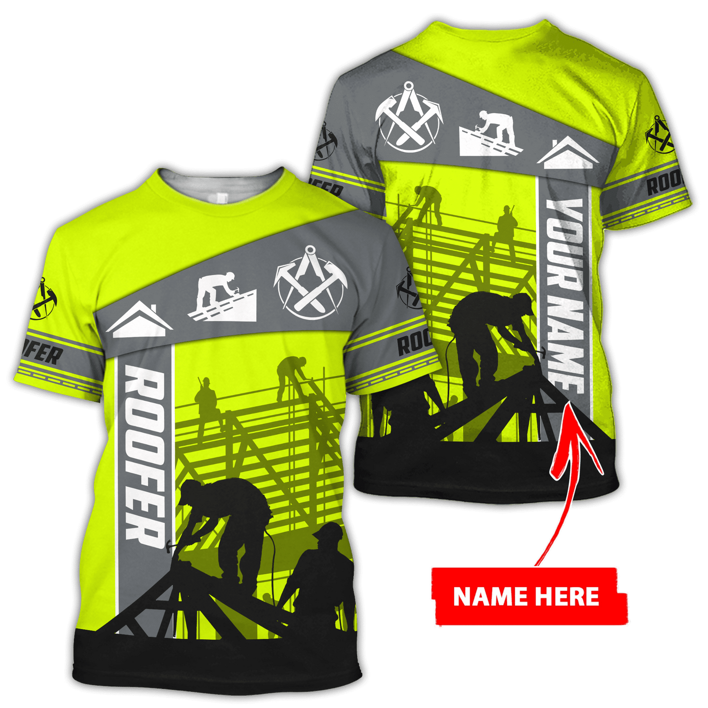 Personalized roofer t-shirt featuring neon stripe print all-over print