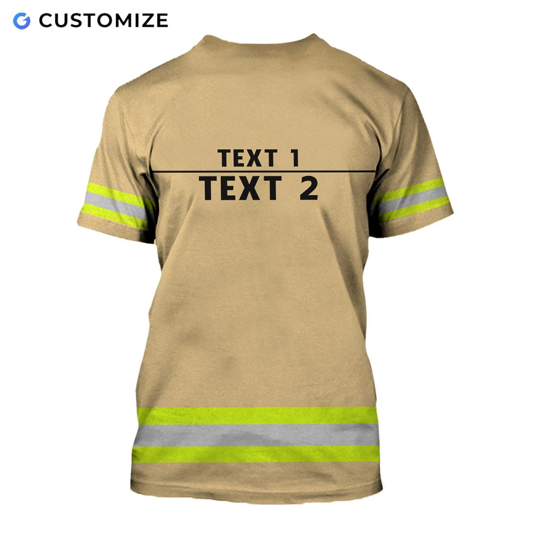 Personalized firefighter t-shirt featuring yellow stripe fire rescue print all-over print, back view