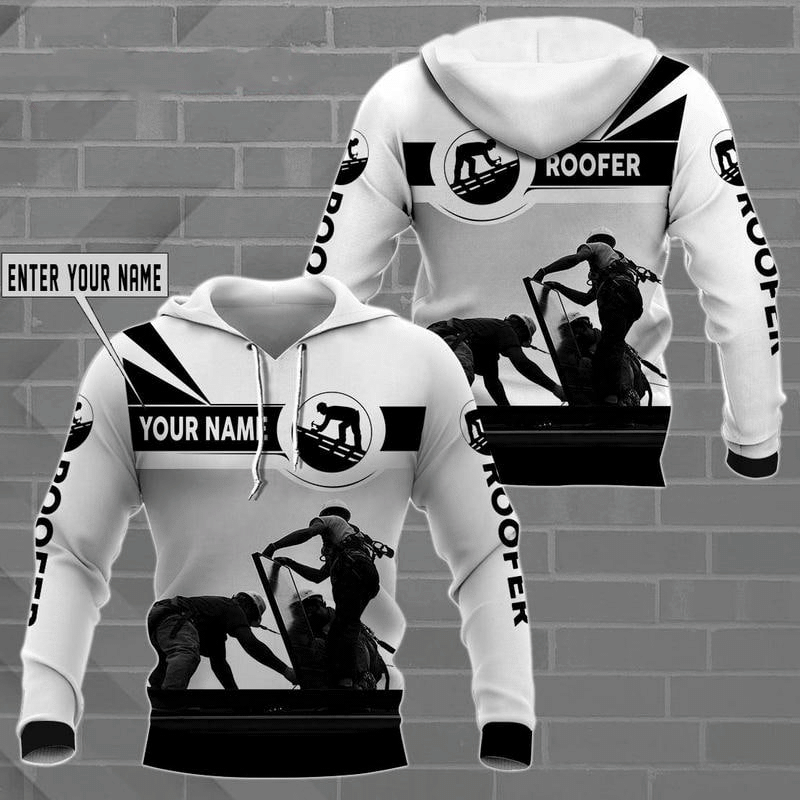 Roofer hoodie featuring white roofer silhouette all-over print
