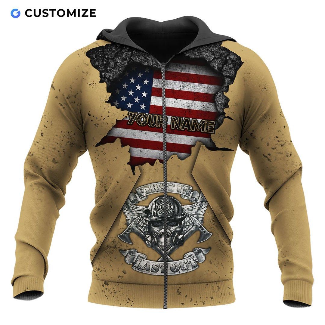 Personalized firefighter zip hoodie featuring american flag first in last out all-over print, zip-front design