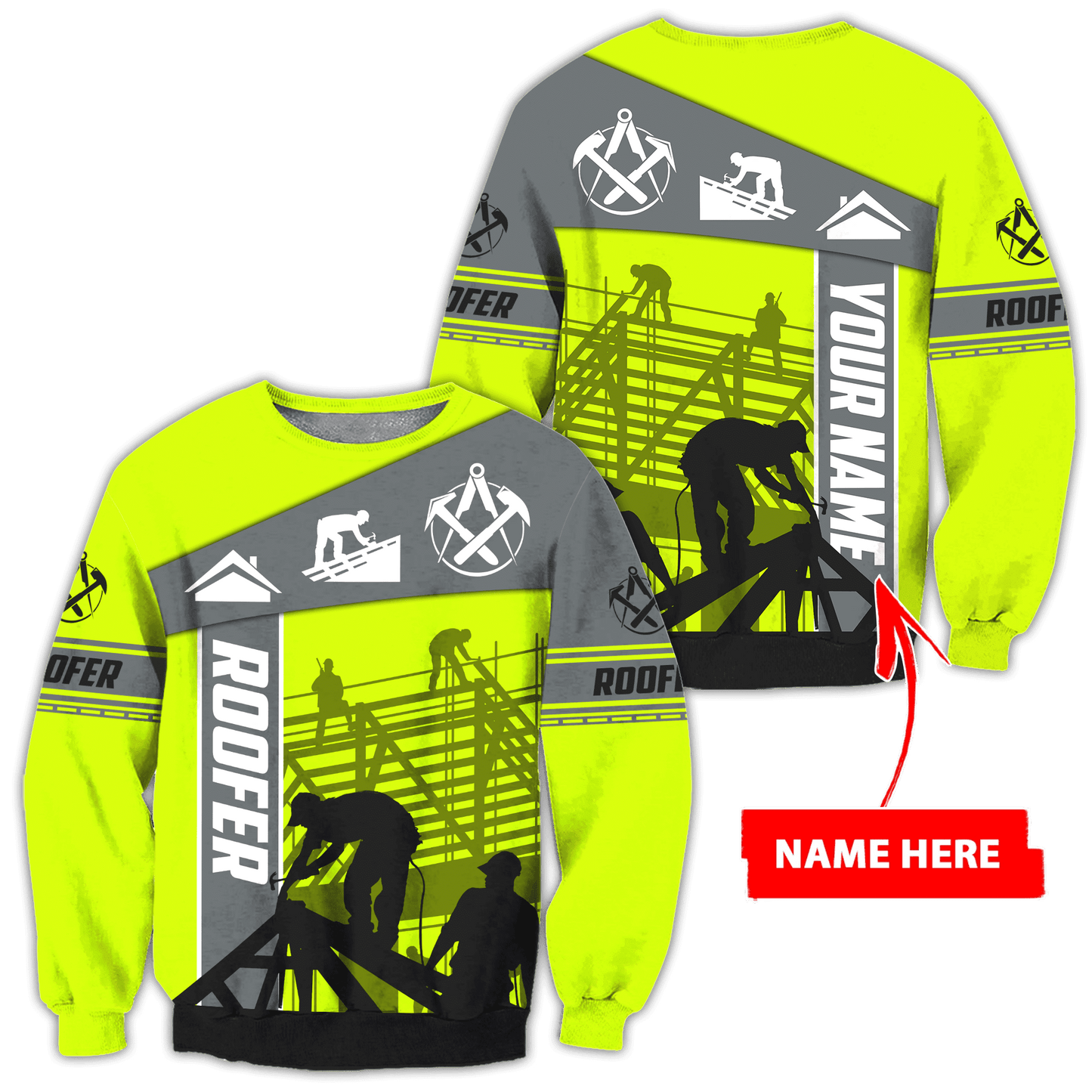 Personalized roofer sweatshirt featuring neon stripe print all-over print