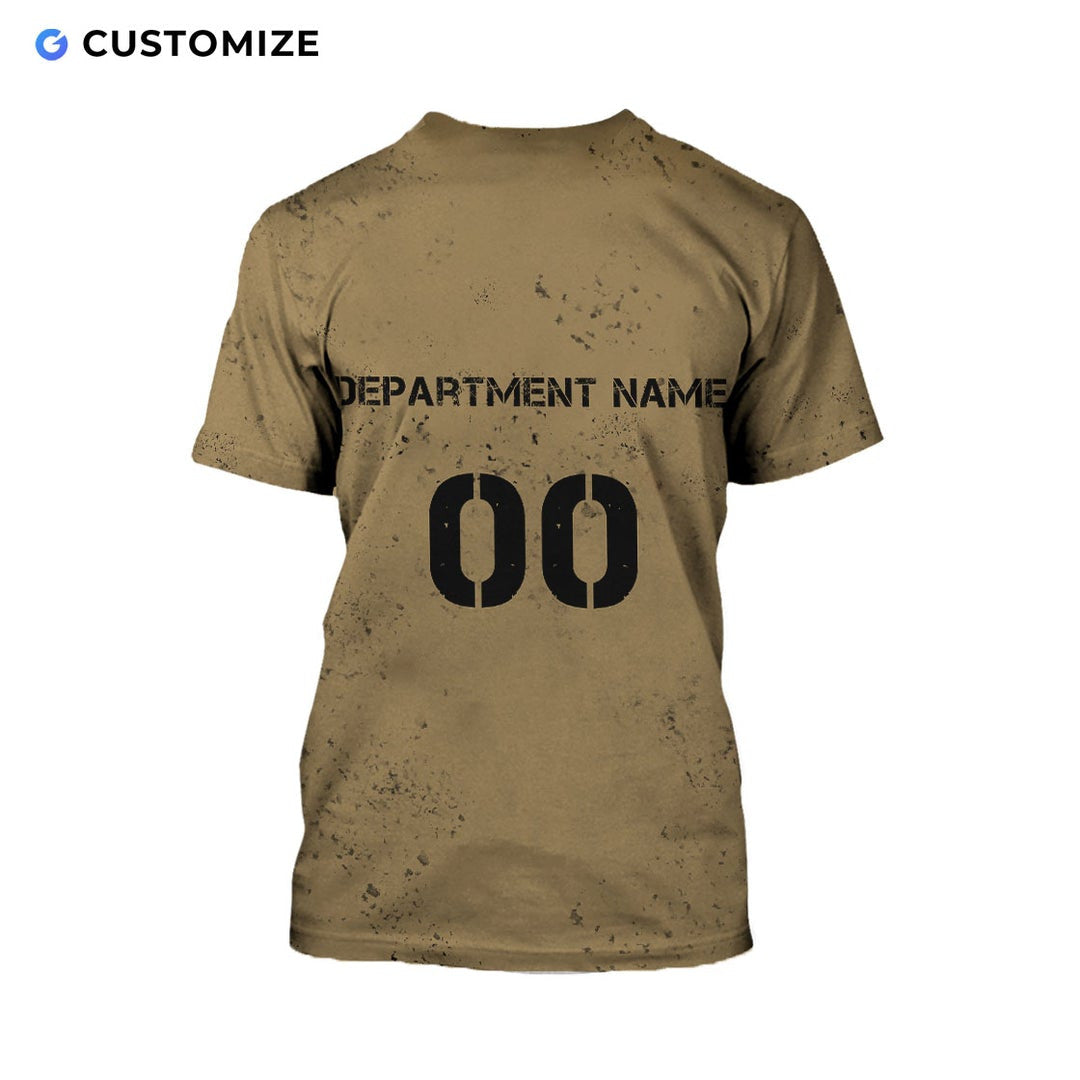 Personalized firefighter t-shirt featuring american flag first in last out all-over print, back view