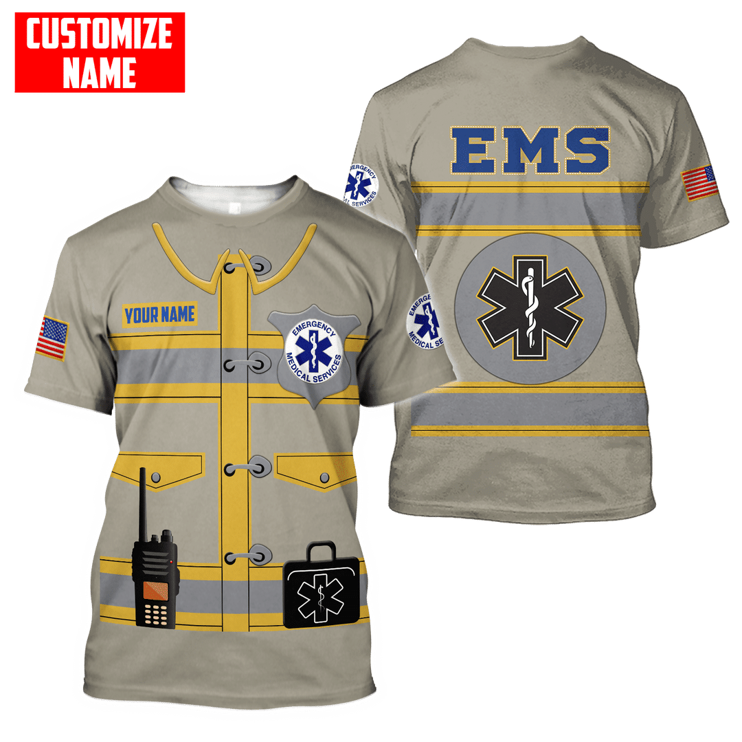 Personalized EMS paramedic t-shirt featuring tan ems uniform print all-over print, short-sleeve design