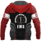 Personalized EMS paramedic hoodie featuring red and black ems emblem all-over print, back view