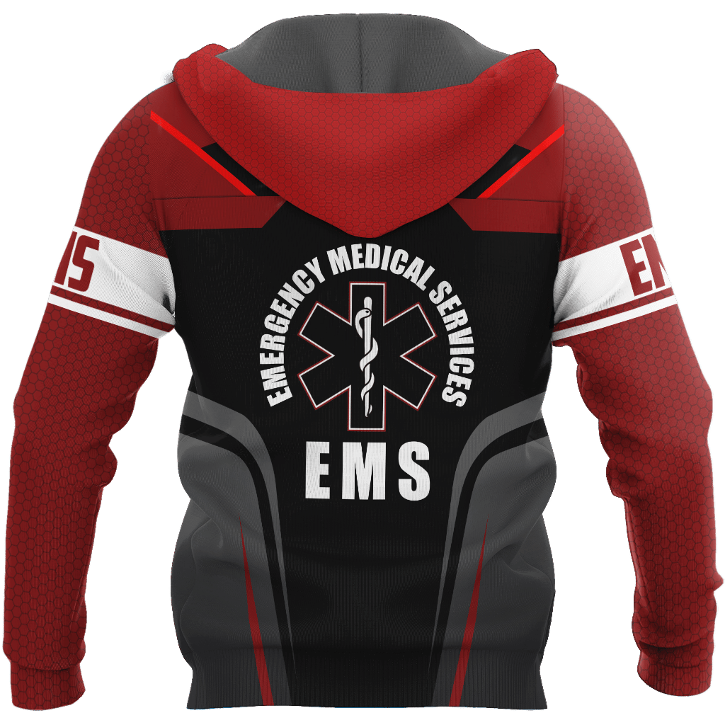 Personalized EMS paramedic hoodie featuring red and black ems emblem all-over print, back view
