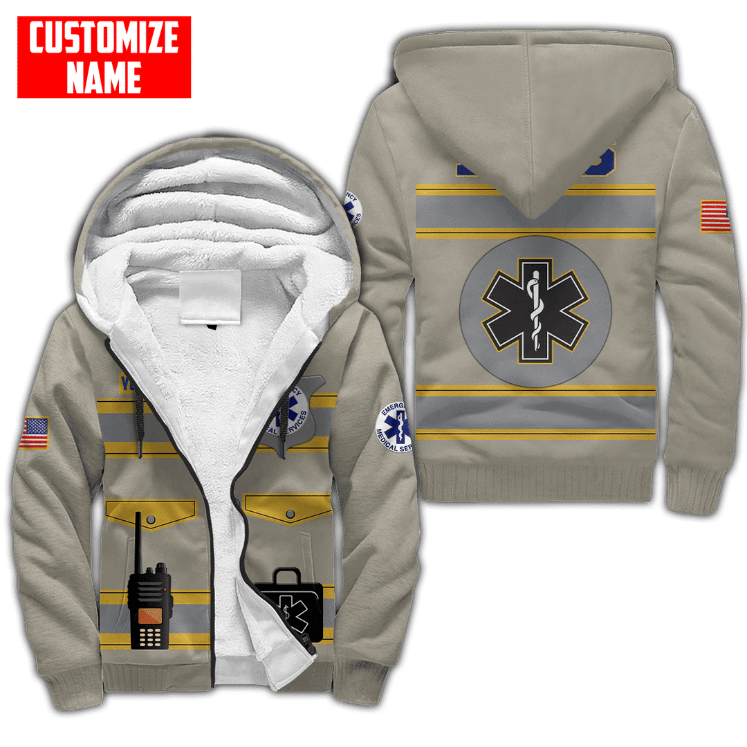 Personalized EMS paramedic fleece zip hoodie featuring tan ems uniform print all-over print, fleece lining shown